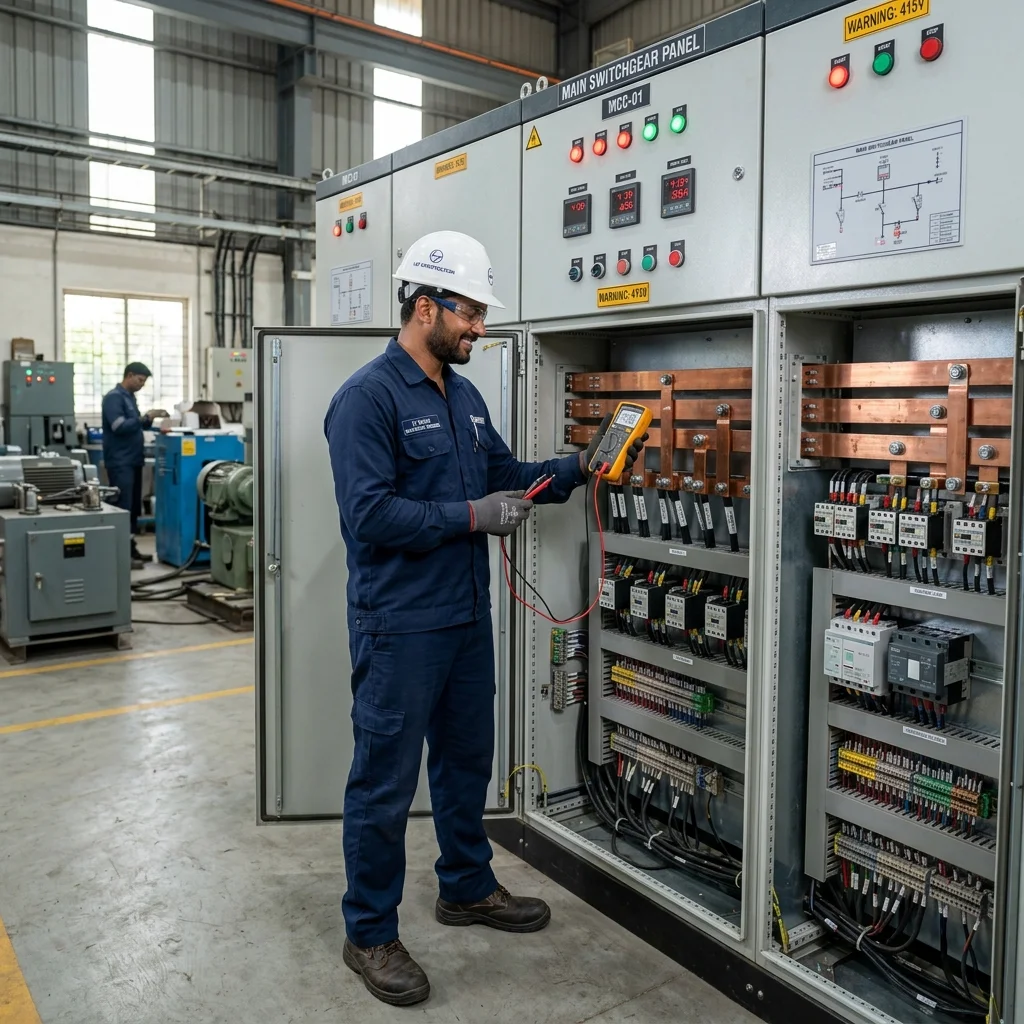 Indian Professional Technician Testing Assembled Switchgear Panel